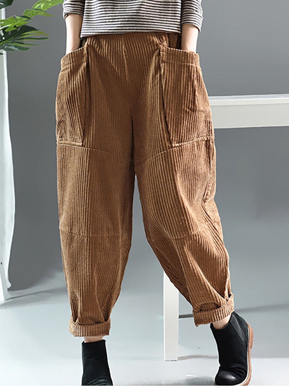 BUYKUD Spring Retro Corduroy Harem Pants Size XL Brown Pockets Lagenlook Casual